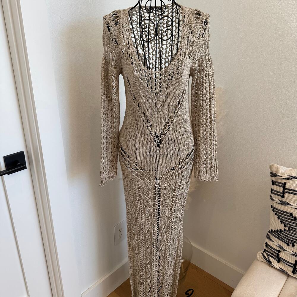 Woolnet Metallic Bronze Gold Crochet Knit Maxi Dress OS Long Sleeve Resortwear